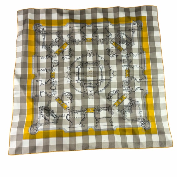 Hermes Accessories - Hermes Yellow Gray Cream Checkered Silk Scarf